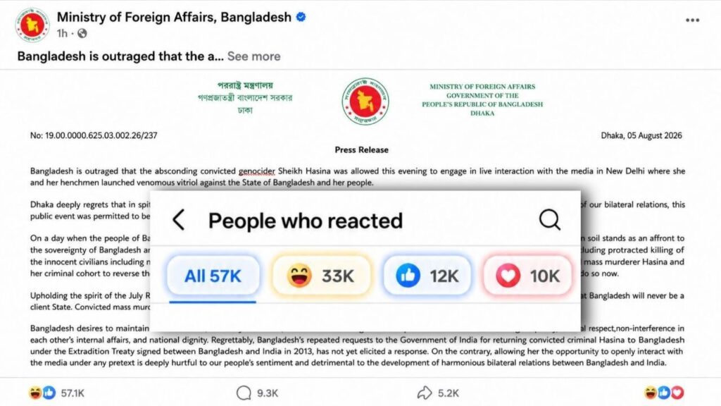 দিল্লিতে শেখ হাসিনার বক্তব্যের প্রতিবাদে পররাষ্ট্র মন্ত্রণালয়ের পোস্ট, ‘হাসির’ রিয়েক্ট দিয়ে ভরিয়ে দিলো নেটিজেনরা