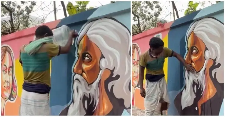 রবীন্দ্রনাথের ছবিতে ঢালা কালি মুছে পরিস্কার করে দিলেন রিকশাচালক